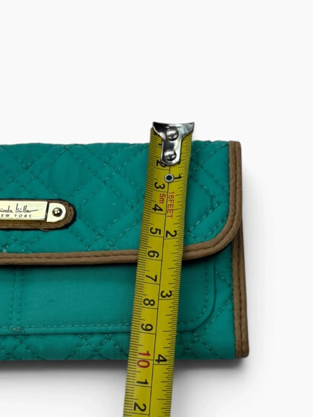 Nicole Miller Teal Quilted Wallet Tri Fold Fabric Wallet with Gold Plate